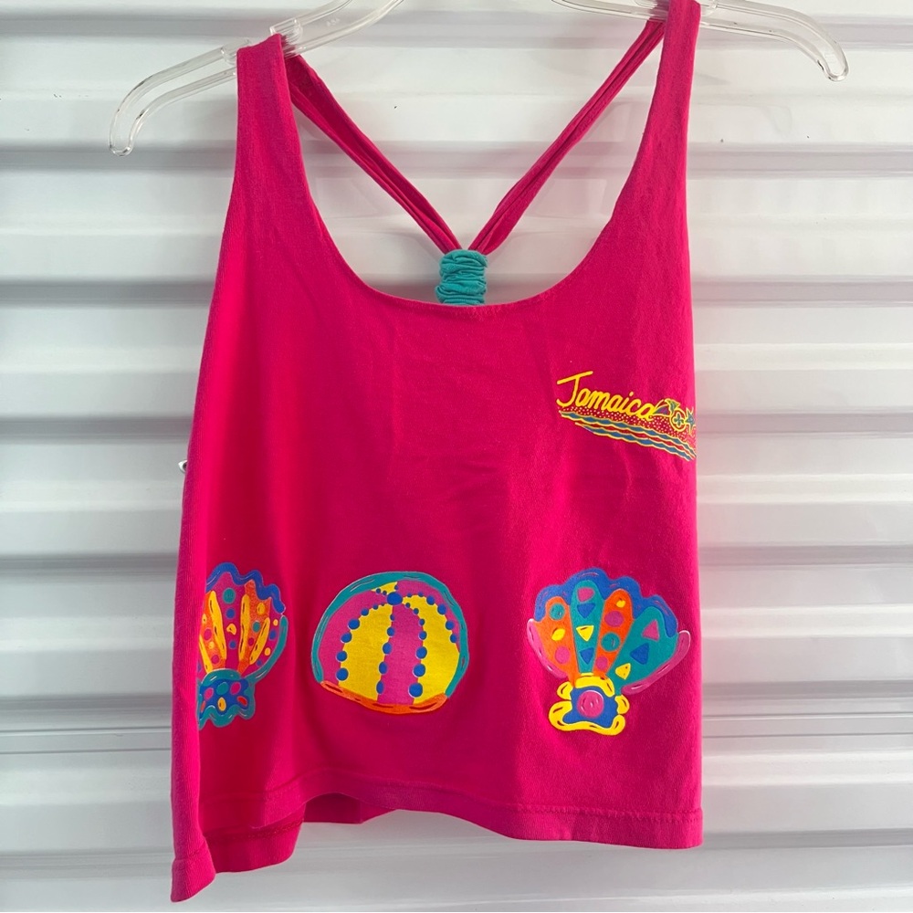 Vtg Pink Tank Top Jamaica with Colorful Shells 90s
